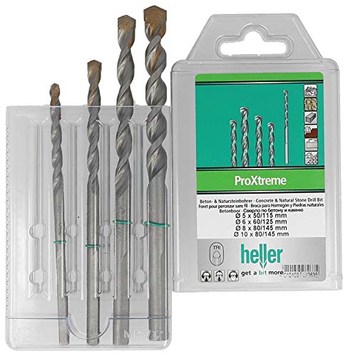 Heller Tools 3750 ProXtreme Schlagbohrer für Beton und Naturstein, Set 4-teilig 5/6/8/10 mm, steinbohrer set, bohrer set beton, betonbohrer, akkuschrauber von heller