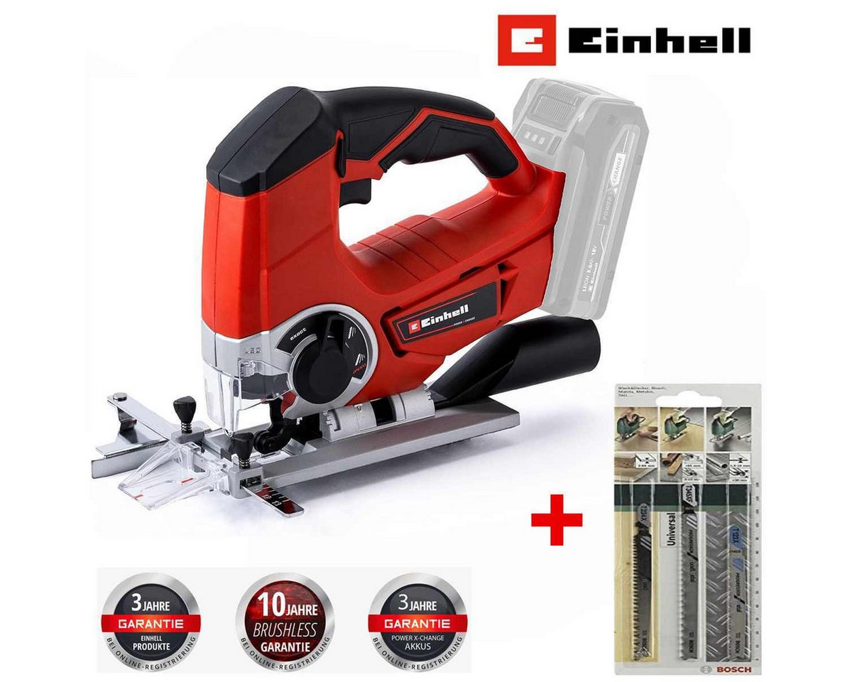 Einhell Akku-Stichsäge Akku-Stichsäge TE-JS 18/80 Li-Solo 18 V + 3 x Bosch Stichsägeblätter von Einhell