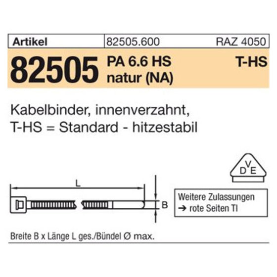 HellermannTyton - Kabelbinder ART 82505 PA 6.6 3,5 x 300/ 75, natur, T30LL-HS S von Hellermanntyton