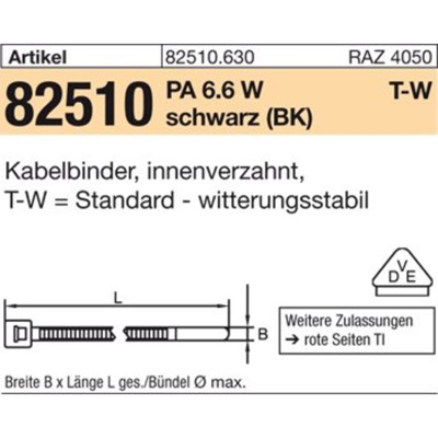 Kabelbinder ART 82510 PA 6.6 W 7,6 x 760/ 220, schwarz, T120L-W S von Hellermanntyton