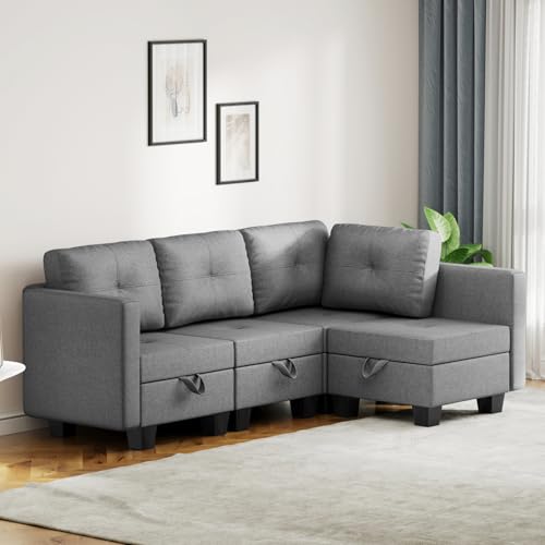 Hello-5ive 4-Sitzer-Sofa mit Stauraum, Leinen wandelbar, 2-Sitzer, 3-Sitzer, L-förmiges Sofa, Couch mit Ottomane für Wohnzimmer, Form anpassbares Sofa für kleinen Raum, Grau von Hello-5ive