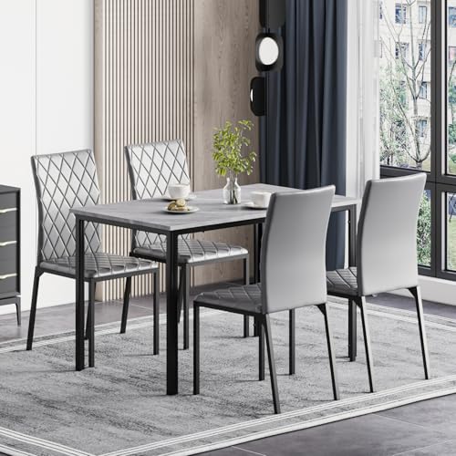 Hello-5ive 5 Stück Esstisch und Stühle Set, Esstisch Set Küchenmöbel, Rechteckiger Marmor Effekt Tisch mit 4 PU Leder Stühlen Kompakte Essmöbel für Küche Wohnung von Hello-5ive