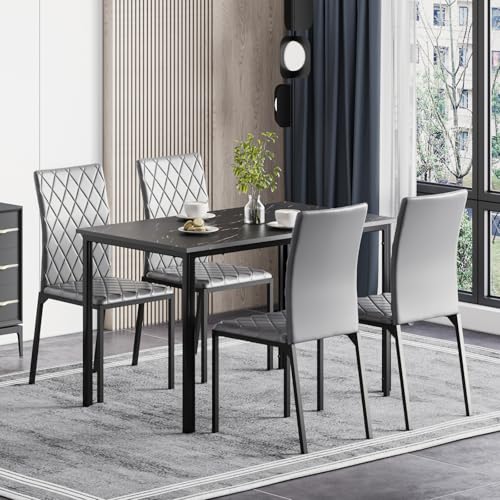 Hello-5ive 5 Stück Esstisch und Stühle Set, Esstisch Set Küchenmöbel, Rechteckiger Marmor Effekt Tisch mit 4 PU Leder Stühlen Kompakte Essmöbel für Küche Wohnung von Hello-5ive