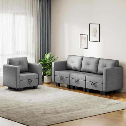 Hello-5ive Graue Sofas - Bequeme 3-Sitzer-Einzelsofa-Set - Polstersofa und Couch-Set aus Stoff - Zweiarmiges Ecksofa - 4-Sitzer-Sofa für Wohnzimmer Lounge, Grau von Hello-5ive