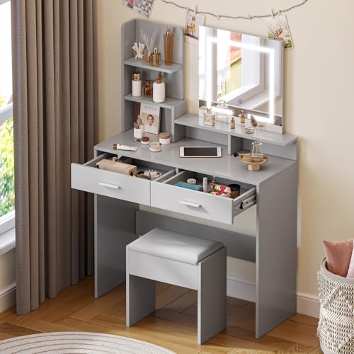 Hello-5ive Schminktisch mit dimmbarem LED-Lichtspiegel, Schminktisch mit 2 großen Schubladen, moderner Waschtisch mit 5 offenen Ablageflächen für Schlafzimmer, 90 x 35 x 130 cm, Grau von Hello-5ive