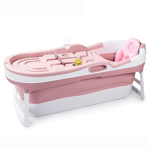 HelloBath® Faltbare Badewanne für Erwachsene - XL, 148 x 63 x 52 cm – mit Kissen, Tauchleuchte, Seifenkorb & Massagerollen – Zusammenklappbares Eisbad & Badefass für Sommer & Winter (Dusky Pink) von Hello Bath