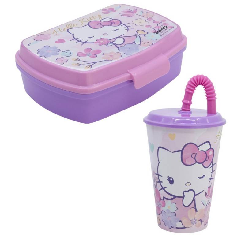 Hello Kitty Lunchbox Hello Kitty 2 tlg. Lunch Set Brotdose Trinkbecher, Kunststoff, (2-tlg), mit Deckel und Halm 430 ml von Hello Kitty
