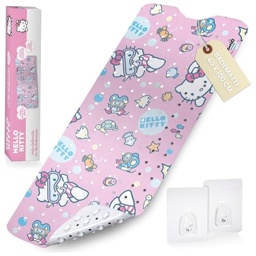 Kinder-Badematte mit Hello Kitty Motiv I 100x40cm I Antirutschmatte für Badewanne I Anti-Schimmel-Badewannenmatte I Antibakterielle Wanneneinlage mit Saugnäpfen I Hochwertige Rutschmatte von Hello Kitty