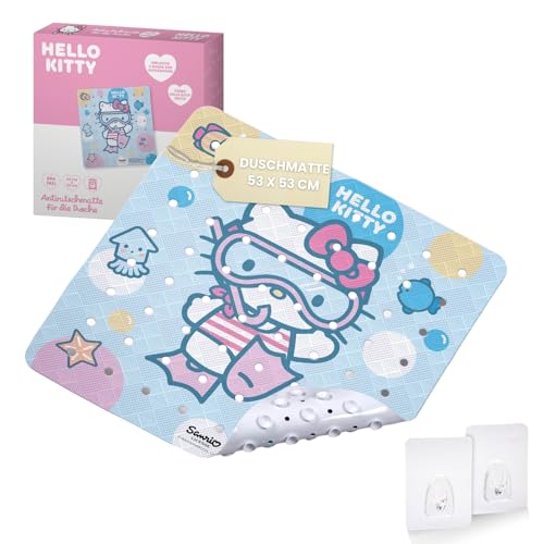 Kinder-Duschmatte mit Hello Kitty Motiv I 53x53cm I Antirutschmatte für Dusche I Anti-Schimmel Duschwanneneinlage I Antibakterielle Badematte mit Saugnäpfen I Hochwertige Rutschmatte von Hello Kitty