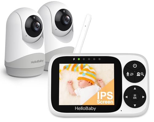 HelloBaby Babyphone mit 2 Kameras, 3,2 Zoll IPS Bildschirm Baby Kamera kein WLAN, Nachtsicht, VOX-Modus, Schwenken, Neigen Zoomen Temperaturüberwachung, 2-Wege-Audio, Schlaflied von HelloBaby