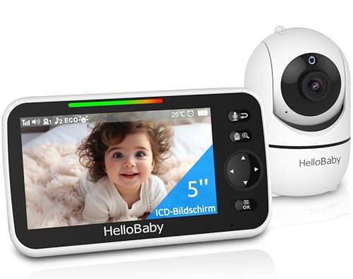HelloBaby Babyphone mit Kamera, 3500 mAh Akku mit 5 Zoll Bildschirm, 355° Schwenken-120° Neige-Zoomen, Babyfone ohne WLAN, 2 Wege Audio, Temperatur, 8 Schlaflieder, Nachtsicht von HelloBaby
