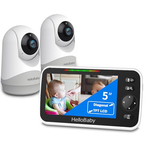 HelloBaby Video-Baby-Monitor, 5-Zoll-Split-Screen mit Dual-Kameras, Fernsteuerung Kameras mit Nachtsicht und Temperaturüberwachung, ECO-Modus, Zwei-Wege-Gespräch von HelloBaby