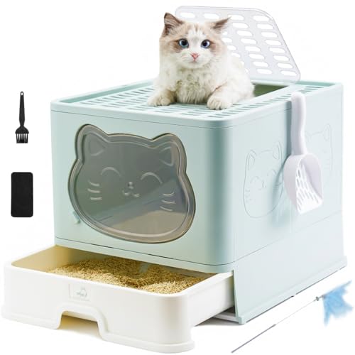 HelloMiao Vollständig Geschlossene Katzentoilette mit Deckel Geruchsneutralisierendes Katzenklo in Groß, Cat Litter Box Schubladensystem & Klappbar mit Praktischer Katzenstreuschaufel von HelloMiao