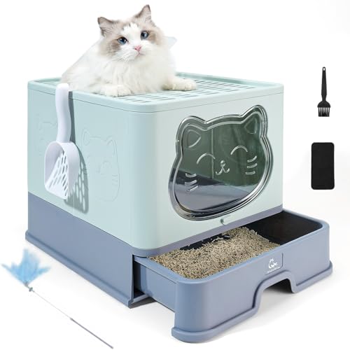 HelloMiao Vollständig Geschlossene Katzentoilette mit Deckel Geruchsneutralisierendes Katzenklo in Groß, Cat Litter Box Schubladensystem & Klappbar mit Praktischer Katzenstreuschaufel von HelloMiao
