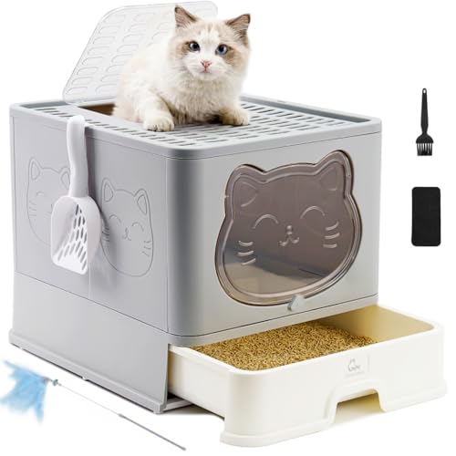HelloMiao Vollständig Geschlossene Katzentoilette mit Deckel Geruchsneutralisierendes Katzenklo in Groß, Cat Litter Box Schubladensystem & Klappbar mit Praktischer Katzenstreuschaufel von HelloMiao