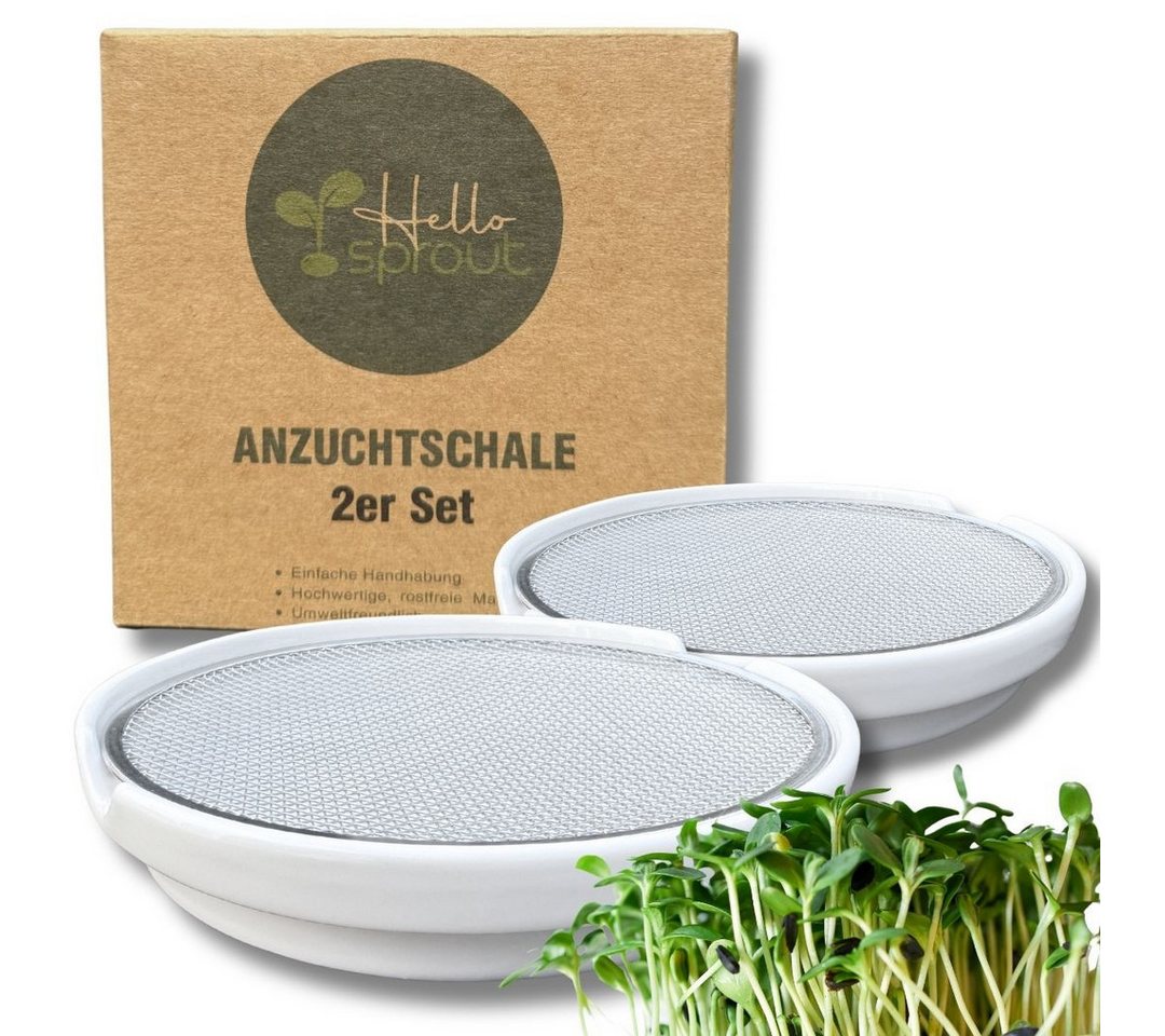 Hellosprout Anzuchttopf Kresse Anzuchtschalen, Keimschalen mit 2 x Kressesieb, Hochwertige (Anzuchtschale, Keimschale mit 2x Edelstahl Sieb, 2 St., Für Kresse & Microgreens), Nachhaltige Keimschalen ohne Erde - Inkl. Ratgeber von Hellosprout