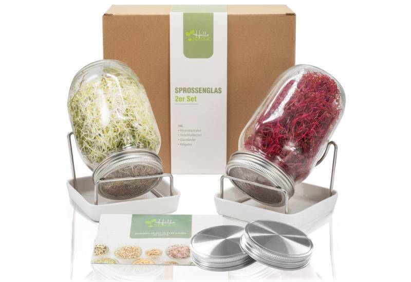 Hellosprout Anzuchttopf Sprossenglas, Keimglas Set, Sprossengläser 2 x 1000 ml (Sprossen Anzuchtset, Keimglas für Sprossen), Extragroße Öffnung und rostfreier Edelstahlsieb von Hellosprout
