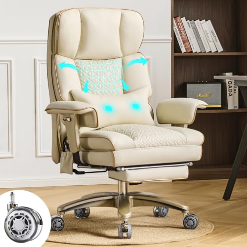 Hellove Ergonomischer Bürodrehstuhl mit Luft-Lendenwirbelstütze, Kunstleder Schreibtischstuhl mit Fußstütze, Neigungs- & Drehfunktion, Roller mit Schalldämpfung, Beige von Hellove