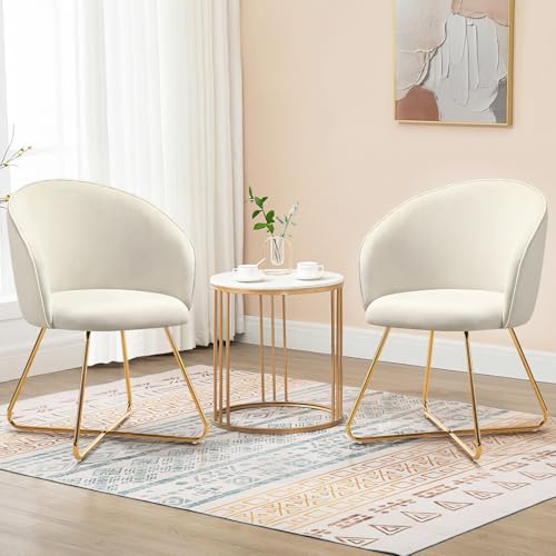 Hellove Schminktisch Stuhl mit Gold Metallbeinen, Stühle 2er Set Samt Beige Comfy Schminktischstuhl, Simple Modern Sessel mit Armlehnen Zurück, Armchair, Makeup Polsterstuhl für Vanity,Wohnzimmer von Hellove