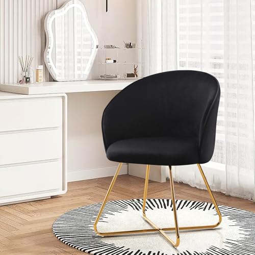 Hellove Schminktisch Stuhl mit Gold Metallbeinen, Samt Schwarz Comfy Schminktischstuhl, Simple Modern Sessel mit Armlehnen Zurück, Armchair, Makeup Polsterstuhl für Vanity,Wohnzimmer von Hellove