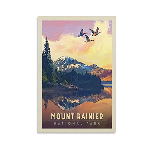 Vintage Reise Landschaft Poster Mount Rainier National Park Poster Dekorative Gemälde Leinwand Wandposter und Kunstdruck Modern Familie Schlafzimmer Dekor Poster 50 x 75 cm von Hellove