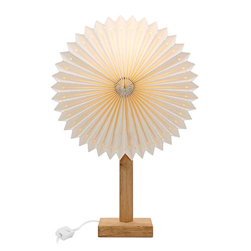 hellum Tischlampe mit Design Papier Lampenschirm Sunny mit LED Glühbirne, Weiß Papierschirm mit Fuß aus Holz und Metall. Deko Tischleuchte mit 1,5m Kabel mit Stecker mit Schalter, Höhe 60 cm 578744 von hellum