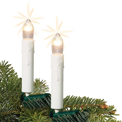 hellum Lichterkette Kerzen Weihnachtsbaum, Kerzen Lichterkette innen mit Clip, 10 Lichter, beleuchtete Länge 360cm, Abstand 40cm Kabel grün Schaft weiß, Zuleitung 1,5m, für Innen mit Stecker 611014 von hellum