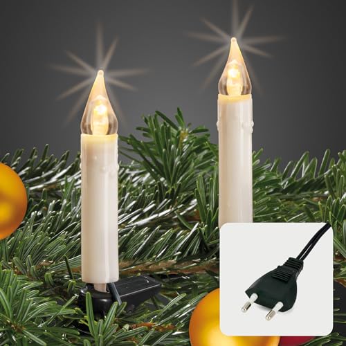 hellum LED Lichterkette Weihnachtsbaum, Kerzen Lichterkette innen mit Clip, 20 warm-weiße LED, beleuchtet 570cm, Abstand 30cm Kabel grün Schaft weiß, Zuleitung 1,5m, mit Stecker, 560282 von hellum