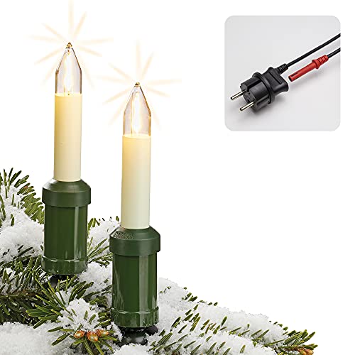 Hellum LED Lichterkette Weihnachtsbaum Made-in-Germany, Lichterkette mit Weihnachtskerzen mit Clip, 20 Lichter, beleuchtete Länge 1900cm, Kabel grün Schaft weiß, für außen mit teilbarem Stecker 845556 von hellum