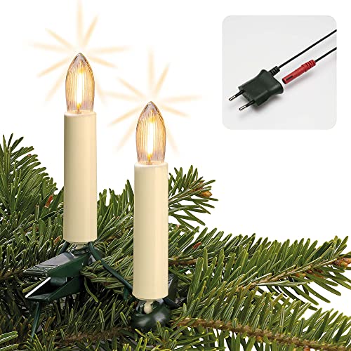 hellum Lichterkette Made-in-Germany Weihnachtsbaum, Kerzen Lichterkette innen mit Clip, 15 warm-weiße LED-Filament, beleuchtet 980cm, Kabel grün Schaft elfenbeinfarben, für Innen mit Stecker 814002 von hellum