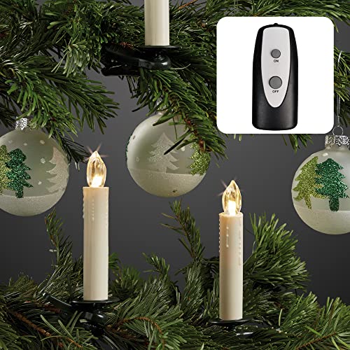 Hellum LED Weihnachtsbaumkerzen kabellos (Basis-Set), 10x warmweiß LED Kerzen mit Fernbedienung, batteriebetriebene 14x2cm Christbaumkerzen ohne Kabel, elfenbein Wachstropfen 602630 von hellum