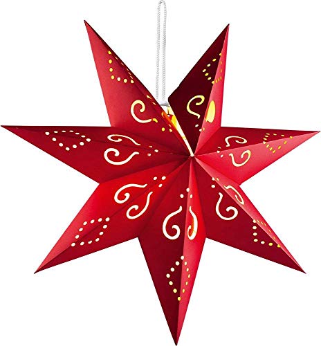 HELLUM Weihnachtsstern Innen, LED Stern Papierstern zum aufhängen mit Fernbedienung mit Timer, roter Stern Weihnachtsdeko fenster batteriebetrieben, Ø 60cm, Weihnachtsbeleuchtung innen, 521795 von hellum