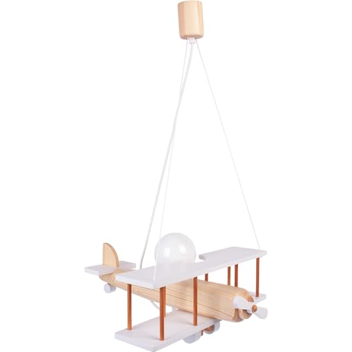 Hellux Kinderlampe Kinderleuchte aus Holz Kinderleuchte Kinderzimmer Lampe Pendelleuchte Flugzeug groß - weiß/naturtholz 1 x 60W E27 von Hellux