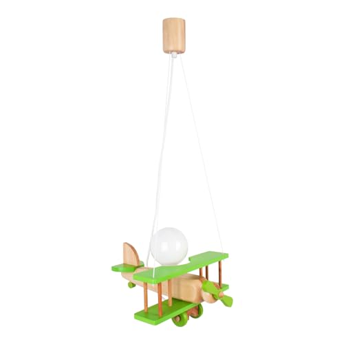 Hellux Kinderzimmer Deko Lampe aus Holz Mädchen & Junge Kinderlampe Kinderzimmerlampe Deckenlampe Kleines Flugzeug - Grün/Naturholz von Hellux