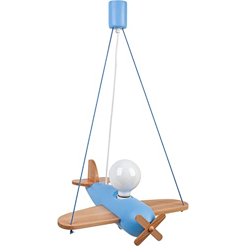 Hellux Kinderlampe Kinderzimmerlampe Kinderzimmer Lampe aus Holz Deckenleuchte Flugzeug Clipper - Blau/Naturholz von Hellux