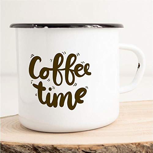 HUURAA! Emaille Tasse Coffee Time Geschenk Idee 300ml Retro Camping-Becher Vintage Kaffeetasse Kaffee-Becher Weiß mit Spruch von Hellweg Druckerei