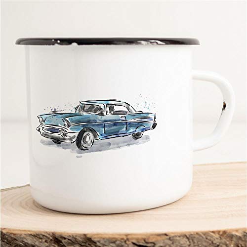 HUURAA! Emaille Tasse Aquarell Oldtimer Auto Blau Geschenk Idee für Frauen und Männer 300ml Retro Vintage Kaffee-Becher Weiß mit Auto-Liebhaber Motiv für Freunde und Kollegen von Hellweg Druckerei