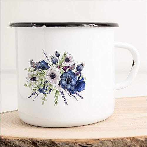 HUURAA! Emaille Tasse Blüten Blumen Strauß Geschenk Idee für Frauen und Männer 300ml Retro Vintage Kaffee-Becher Weiß mit Stadt Namen für Freunde und Kollegen von Hellweg Druckerei