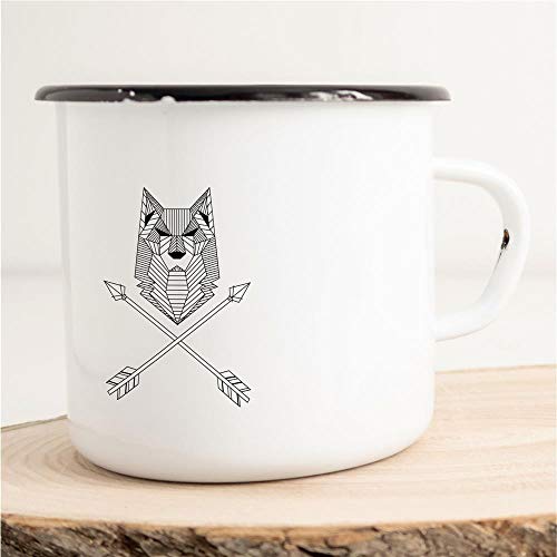 HUURAA! Emaille Tasse Böser Wolf Wolfkopf Geschenk Idee für Frauen und Männer 300ml Retro Vintage Kaffee-Becher Weiß mit Tier Motiv für Freunde und Kollegen von Hellweg Druckerei