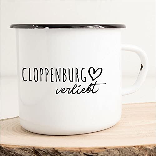 HUURAA! Emaille Tasse Cloppenburg Verliebt Geschenk Idee für Frauen und Männer 300ml Retro Vintage Kaffee-Becher Weiß mit Stadt Namen für Freunde und Kollegen von Hellweg Druckerei