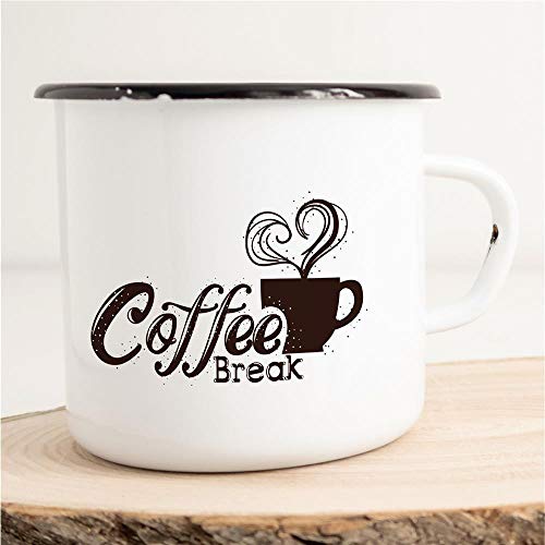 HUURAA! Emaille Tasse Coffee Break Kaffeepause Geschenk Idee 300ml Retro Camping-Becher Vintage Kaffeetasse Kaffee-Becher Weiß mit Spruch von Hellweg Druckerei