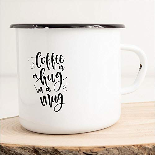 HUURAA! Emaille Tasse Coffee is a Hug in a Mug Geschenk Idee 300ml Retro Camping-Becher Vintage Kaffeetasse Kaffee-Becher Weiß mit Spruch von Hellweg Druckerei