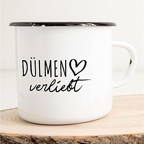 HUURAA! Emaille Tasse Dülmen Verliebt Geschenk Idee für Frauen und Männer 300ml Retro Vintage Kaffee-Becher Weiß mit Stadt Namen für Freunde und Kollegen von Hellweg Druckerei