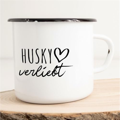 Huuraa Emaille Tasse Husky Geschenk Kaffeebecher Vintage 300ml Husky Geschenkidee von Hellweg Druckerei