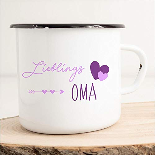 HUURAA! Emaille Tasse Lieblings Oma Geschenk Idee 300ml Retro Camping-Becher Vintage Kaffeetasse Kaffee-Becher Weiß mit Spruch von Hellweg Druckerei