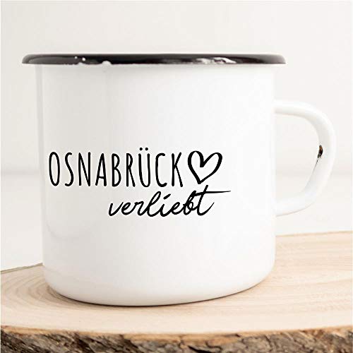 HUURAA! Emaille Tasse Osnabrück Verliebt Geschenk Idee für Frauen und Männer 300ml Retro Vintage Kaffee-Becher Weiß mit Stadt Namen für Freunde und Kollegen von Hellweg Druckerei