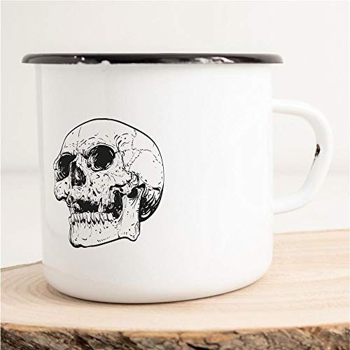 HUURAA! Emaille Tasse Totenkopf Geschenk Idee für Frauen und Männer 300ml Retro Vintage Kaffee-Becher Weiß mit Motiv für Freunde und Kollegen von Hellweg Druckerei