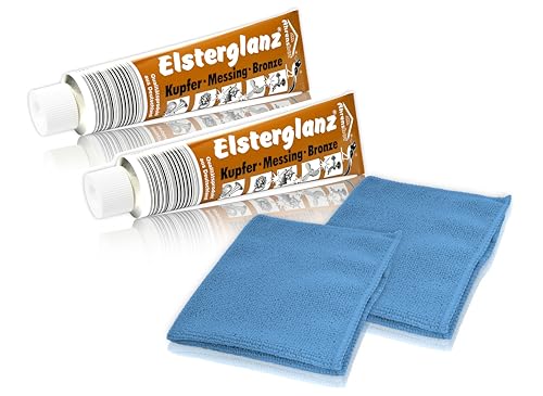 * 2 Tuben Elsterglanz Kupfer-Messing-Bronze Politur je 150 ml + zwei Mikrofaser-Tücher | Das Original aus Deutschland von Helmecke & Hoffmann