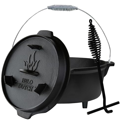Dutch Oven Set Gusseisen 1,8L-13,6L – Feuertopf mit Deckelheber, Schmortopf mit & ohne Füße, Schlitz für Themormeter, inkl. Kochbuch – Perfekt für BBQ Indoor & Outdoor (mit Füße, 1,8L - F1) von Helo
