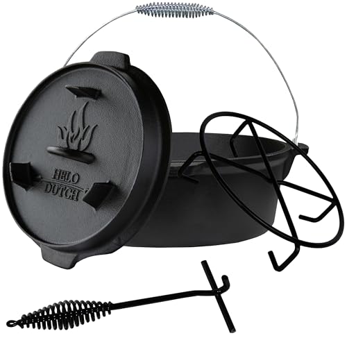 Dutch Oven Set Gusseisen 1,8L-13,6L – Feuertopf mit Deckelheber, Schmortopf mit & ohne Füße, Schlitz für Themormeter, inkl. Kochbuch – Perfekt für BBQ Indoor & Outdoor (ohne Füße, 13,6L - O6) von Helo